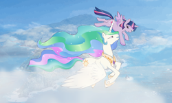 Size: 1280x768 | Tagged: safe, artist:bri-sta, artist:zev, character:princess celestia, character:twilight sparkle, character:twilight sparkle (alicorn), species:alicorn, species:pony, cloud, duo, duo female, eye contact, female, flying, flying lesson, hilarious in hindsight, lidded eyes, looking at each other, mare, open mouth, princess, sky, smiling, spread wings, wings