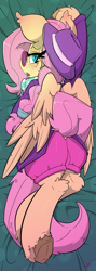 Size: 686x1920 | Tagged: safe, artist:bbsartboutique, character:fluttershy, species:pegasus, species:pony, alternate hairstyle, blushing, body pillow, body pillow design, butt, clothing, dock, female, glasses, hat, hipstershy, hot pants, looking at you, plot, solo, underhoof