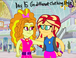 Size: 1900x1470 | Tagged: safe, artist:ktd1993, character:adagio dazzle, character:curly winds, character:sunset shimmer, ship:sunsagio, my little pony:equestria girls, 30 day otp challenge, alternate clothes, canterlot mall, curly winds, female, lesbian, shipping, some blue guy