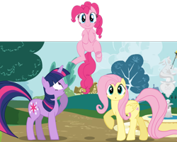 Size: 900x720 | Tagged: safe, artist:zev, character:fluttershy, character:pinkie pie, character:twilight sparkle, species:earth pony, species:pegasus, species:pony, species:unicorn, female, fourth wall, looking at you, mare, simple background, transparent background