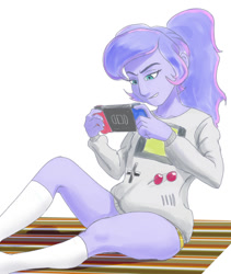 Size: 818x968 | Tagged: safe, artist:grissaecrim, character:princess luna, character:vice principal luna, gamer luna, my little pony:equestria girls, clothing, female, nintendo switch, playing, simple background, sitting, socks, solo, vice principal luna, white background
