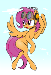 Size: 1110x1636 | Tagged: safe, artist:zev, character:scootaloo, species:pegasus, species:pony, belly button, blank flank, female, goggles, headset, mare, older, older scootaloo, simple background, solo, white background