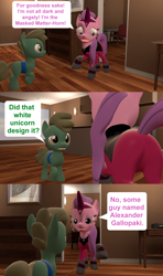 Size: 1920x3240 | Tagged: safe, artist:red4567, character:humdrum, character:masked matter-horn, episode:power ponies, g4, my little pony: friendship is magic, 3d, angst, clothing, comic, dark, humdrum (pony), implied rarity, incredibles 2, new design, source filmmaker, suit, the incredibles