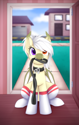 Size: 1024x1621 | Tagged: safe, artist:scarlet-spectrum, oc, oc only, species:bat pony, species:pony, bat pony oc, bat wings, blurred background, clothing, collar, cute, cute little fangs, digital art, fangs, female, hair over one eye, heterochromia, house, leash, looking at you, mare, pony pet, socks, solo, white hair, white mane, white tail