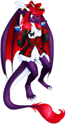 Size: 1024x1877 | Tagged: safe, artist:scarlet-spectrum, oc, oc only, oc:scarlet spectrum, species:anthro, species:digitigrade anthro, species:dracony, species:pony, anthro oc, blushing, bow, claws, clothing, digital art, dragon wings, female, hair bow, hat, horns, hybrid, mare, pirate, pirate costume, pirate hat, red hair, red mane, red tail, simple background, solo, transparent background