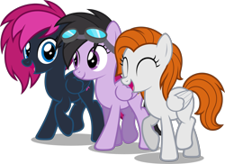 Size: 2494x1813 | Tagged: safe, artist:zacatron94, oc, oc only, oc:chloe jones, oc:neon flare, oc:sky chase, species:pegasus, species:pony, female, goggles, mare, simple background, transparent background, vector
