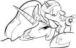 Size: 954x606 | Tagged: safe, artist:zev, character:princess celestia, character:twilight sparkle, species:alicorn, species:pony, species:unicorn, female, filly, filly twilight sparkle, floppy ears, foal, grayscale, mare, momlestia, monochrome, pony pillow, princess, prone, sleeping, smiling, younger