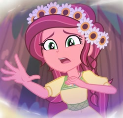 Size: 726x696 | Tagged: safe, artist:uotapo, edit, edited screencap, screencap, character:gloriosa daisy, equestria girls:legend of everfree, g4, my little pony: equestria girls, my little pony:equestria girls, cropped, cute, daisybetes, female, floral head wreath, flower, glorio-sad daisy, magical geodes, no makeup edit, sad, solo
