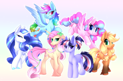 Size: 1024x678 | Tagged: safe, artist:scarlet-spectrum, character:applejack, character:fluttershy, character:pinkie pie, character:rainbow dash, character:rarity, character:twilight sparkle, species:earth pony, species:pegasus, species:pony, species:unicorn, g5 leak, leak, alternate design, alternate hair color, applejack (g5), earth pony twilight, female, flower, flower in hair, fluttershy (g5), mane six, mane six (g5 leak), mare, pegasus pinkie pie, pinkie pie (g5), race swap, rainbow dash (g5), rarity (g5), smiling, twilight sparkle (g5), unicorn fluttershy