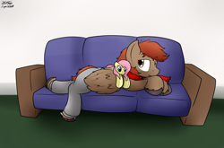 Size: 2158x1423 | Tagged: safe, artist:the-furry-railfan, character:fluttershy, oc, oc:winterlight, species:pegasus, species:pony, bed mane, clothing, couch, lazy, morning, pants, plushie, resting, scarf