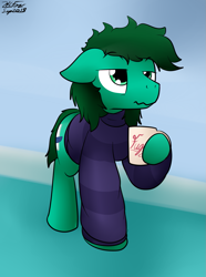 Size: 997x1340 | Tagged: safe, artist:the-furry-railfan, oc, oc only, oc:sporadic escapade, bed mane, clothing, lazy, morning, mug, pants, sweater, tired