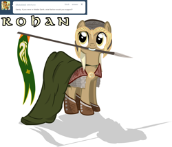 Size: 1280x1098 | Tagged: safe, artist:sintakhra, character:mjölna, species:earth pony, species:pony, armor, ask sandy pony, cloak, clothing, flag, helmet, lord of the rings, mouth hold, rohan, solo