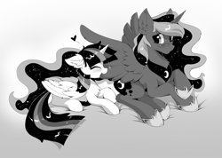 Size: 1280x911 | Tagged: safe, artist:hioshiru, character:princess luna, character:twilight sparkle, character:twilight sparkle (alicorn), species:alicorn, species:pony, ship:twiluna, constellation, cute, eyes closed, female, grayscale, grooming, heart, hnnng, lesbian, manga, monochrome, preening, shipping, simple background, white background