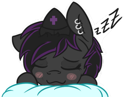 Size: 414x325 | Tagged: safe, artist:lazerblues, oc, oc only, oc:deep rest, species:pony, blushing, clothing, ear piercing, female, hat, mare, nurse hat, piercing, pillow, simple background, sleeping, solo, transparent background, zzz