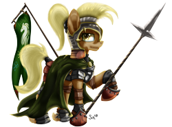 Size: 2484x1843 | Tagged: safe, artist:sintakhra, character:mjölna, species:earth pony, species:pony, armor, armored hooves, armored pony, ask sandy pony, banner, cape, cloak, clothing, crossover, eye shimmer, female, flag, greaves, helmet, leather armor, lord of the rings, not applejack, plate armor, ponytail, rohan, rohirrim, shoes, simple background, solo, spear, transparent background, unshorn fetlocks, weapon
