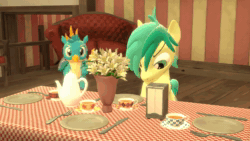Size: 1280x720 | Tagged: safe, artist:red4567, character:gallus, character:ocellus, character:sandbar, species:earth pony, species:griffon, species:pony, 3d, animated, cup, fail, flower, ghostbusters, male, silverware, sound, source filmmaker, table, table cloth, tablecloth, teacup, trick, webm