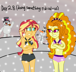 Size: 2000x1892 | Tagged: safe, artist:ktd1993, character:adagio dazzle, character:sunset shimmer, ship:sunsagio, g4, my little pony: equestria girls, my little pony:equestria girls, 30 day otp challenge, bikini, clothing, cold, female, freezing, frosty the snowman, frozen (movie), lesbian, olaf, shipping, shivering, snow, snowman, swimsuit