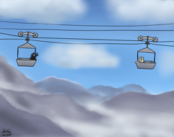 Size: 2557x2010 | Tagged: safe, artist:the-furry-railfan, oc, oc only, oc:night strike, oc:parchment bleach, oc:pretty paper, cloud, cloudy, glasses, male to female, mountain, mountain range, ropeway conveyor, rule 63, scared, screaming, story included, surprised, this will end in balloons