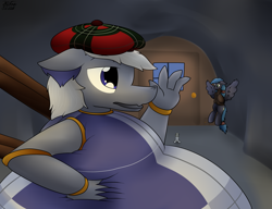 Size: 2863x2194 | Tagged: safe, artist:the-furry-railfan, oc, oc only, oc:hylund, oc:night strike, oc:parchment bleach, oc:pretty paper, species:dragon, bagpipe dragon, cave, clothing, confused, door, flying, glasses, hat, male to female, original species, rule 63, scared, squishy, story included, tam o' shanter, tartan, this will end in balloons