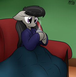 Size: 1179x1197 | Tagged: safe, artist:the-furry-railfan, character:octavia melody, species:earth pony, species:pony, bathrobe, blanket, clothing, couch, cozy, female, food, mug, robe, sitting, solo, steam, tea