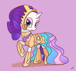 Size: 1737x1636 | Tagged: safe, artist:docwario, character:rarity, species:pony, species:unicorn, alternate hairstyle, clothing, dress, female, head turn, headdress, lidded eyes, looking at you, looking sideways, mare, raised hoof, raritober, smiling, solo, standing