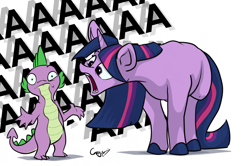 Size: 1280x848 | Tagged: dead source, safe, artist:greyscaleart, character:spike, character:twilight sparkle, character:twilight sparkle (unicorn), species:dragon, species:pony, species:unicorn, aaaaaaaaaa, colored hooves, confused, eye twitch, female, frown, head tilt, hoers, looking at you, male, mare, open mouth, screaming, shrug, simple background, wat, white background, wide eyes