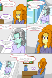 Size: 1050x1575 | Tagged: safe, artist:jake heritagu, character:adagio dazzle, oc, oc:misty breeze, parent:adagio dazzle, comic:aria's archives, comic:nursing home, my little pony:equestria girls, bust, chair, clothing, comic, curtains, dialogue, female, flower, grimdark series, mother and daughter, offspring, older, portrait, questionable series, speech bubble, vase, window