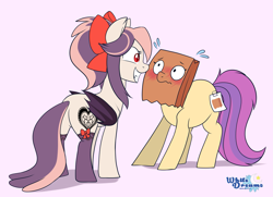 Size: 3067x2218 | Tagged: safe, artist:xwhitedreamsx, oc, oc only, oc:paper bag, oc:sweet velvet, species:bat pony, species:pony, blushing, female, grin, looking at each other, mare, nervous, paper bag, purple background, simple background, smiling, sweat, sweatdrops