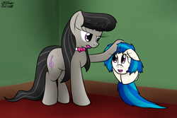 Size: 1453x970 | Tagged: safe, artist:the-furry-railfan, character:dj pon-3, character:octavia melody, character:vinyl scratch, species:pony, bow tie, cartoon physics, flattened, octavia is not amused, pun, record, silly, silly pony, squished, unamused