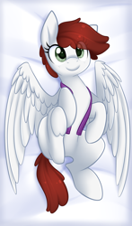 Size: 2508x4272 | Tagged: safe, artist:scarlet-spectrum, oc, oc only, oc:graph travel, species:pegasus, species:pony, bed, clothing, cute, female, freckles, looking at you, mare, solo, spread wings, this will end in hugs, underhoof, vest, wings