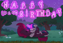 Size: 12626x8753 | Tagged: safe, artist:ejlightning007arts, character:tempest shadow, character:twilight sparkle, character:twilight sparkle (alicorn), species:alicorn, species:pony, ship:tempestlight, my little pony: the movie (2017), absurd resolution, anniversary, female, happy birthday mlp:fim, kissing, lesbian, mlp fim's eighth anniversary, mlp movie anniversary, shipping, tempest the birthday guest