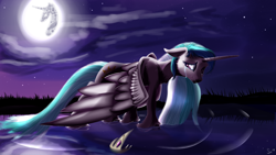 Size: 3840x2160 | Tagged: safe, artist:sintakhra, character:princess celestia, species:alicorn, species:pony, crown, crying, female, jewelry, mare, mare in the moon, moon, night, regalia, ripple, sad, solo, unshorn fetlocks, water, wings