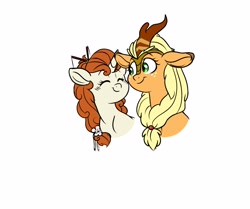 Size: 3325x2776 | Tagged: safe, artist:chub-wub, edit, character:applejack, character:autumn blaze, species:earth pony, species:kirin, species:pony, species:unicorn, ship:autumnjack, episode:sounds of silence, g4, my little pony: friendship is magic, spoiler:s08, accessory swap, applejack's hat, applekirin, awwtumn blaze, clothing, cowboy hat, cute, duo, female, hat, hatless, jackabetes, kirin-ified, lesbian, mare, missing accessory, ponified, quadrupedal, role reversal, shipping, simple background, species swap, white background