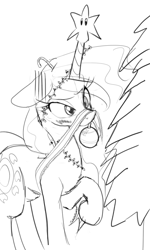 Size: 600x1000 | Tagged: safe, artist:zev, character:princess celestia, christmas, decoration, female, frustrated, grayscale, monochrome, mouth hold, solo