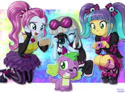 Size: 1082x800 | Tagged: safe, artist:uotapo, edit, editor:slayerbvc, character:photo finish, character:spike, species:dog, equestria girls:rainbow rocks, g4, my little pony: equestria girls, my little pony:equestria girls, accessory-less edit, blushing, camera, cellphone, cute, missing accessory, one eye closed, paws, phone, pixel pizazz, smartphone, smiling, spikabetes, spike the dog, the snapshots, violet blurr, wink