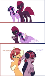Size: 2000x3362 | Tagged: safe, artist:little-sketches, character:tempest shadow, character:twilight sparkle, character:twilight sparkle (alicorn), oc, oc:adhara, oc:shining star, parent:starlight glimmer, parent:sunburst, parent:tempest shadow, parent:twilight sparkle, parents:starburst, parents:tempestlight, species:alicorn, species:pony, species:unicorn, ship:tempestlight, baby, baby bottle, baby pony, broken horn, comic, cute, female, foal, horn, lesbian, magic, magical lesbian spawn, mare, offspring, pregnant, shipping