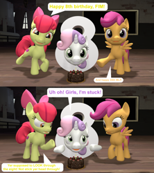 Size: 1920x2160 | Tagged: safe, artist:red4567, character:apple bloom, character:scootaloo, character:sweetie belle, species:pegasus, species:pony, 35th anniversary, 3d, 8, cake, comic, cutie mark crusaders, food, happy birthday mlp:fim, mlp fim's eighth anniversary, silly, silly pony, source filmmaker, stuck, sweetie fail