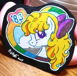 Size: 1609x1603 | Tagged: safe, artist:binkyt11, character:surprise, species:pegasus, species:pony, g1, g2, g3, g3.5, 1983, 35th anniversary, 80s, adoraprise, bow, bust, cloud, cute, female, g1 to g4, generation leap, hair bow, heart, logo, looking back, mare, signature, solo, starry eyes, traditional art, wingding eyes