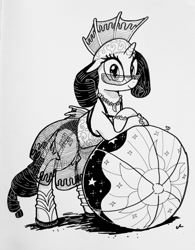 Size: 996x1280 | Tagged: safe, artist:docwario, character:rarity, species:pony, species:unicorn, beach ball, bikini, black and white, clothing, female, fin, grayscale, headdress, jewelry, leaning, looking at you, monochrome, necklace, raritober, see-through skirt, smiling, solo, sunglasses, swimsuit