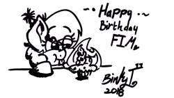 Size: 2367x1332 | Tagged: safe, artist:binkyt11, derpibooru original, character:derpy hooves, species:pegasus, species:pony, birthday candles, black and white, blep, candle, clothing, female, fire, food, grayscale, happy birthday mlp:fim, hat, mare, mlp fim's eighth anniversary, monochrome, muffin, party hat, signature, silly, simple background, solo, that pony sure does love muffins, tongue out, traditional art, white background