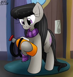Size: 1311x1394 | Tagged: safe, artist:the-furry-railfan, character:octavia melody, species:earth pony, species:pony, clothing, door, doormat, female, helium tank, hose, reading, scarf, solo, vinyl and octavia's home