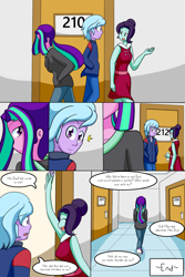 Size: 1050x1575 | Tagged: safe, artist:jake heritagu, character:aria blaze, character:rosette nebula, oc, oc:smooth tone, comic:aria's archives, comic:nursing home, my little pony:equestria girls, brother and sister, clothing, comic, dialogue, female, grandchildren, grimdark series, hoodie, male, questionable series, speech bubble