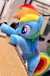 Size: 800x1200 | Tagged: safe, artist:nekokevin, character:rainbow dash, species:pegasus, species:pony, bipedal, cute, female, irl, mare, open mouth, photo, plushie, raised hoof, smiling, solo, underhoof