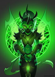 Size: 2480x3508 | Tagged: safe, artist:underpable, character:queen chrysalis, species:anthro, species:changeling, armor, badass, changeling queen, female, helmet, looking at you, solo, sword, weapon