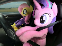 Size: 5488x4112 | Tagged: safe, alternate version, artist:nekokevin, character:fluttershy, character:starlight glimmer, species:pegasus, species:pony, species:unicorn, series:nekokevin's glimmy, absurd resolution, car, clothing, cute, driving, duo, female, glimmerbetes, irl, life size, mare, photo, plushie, seatbelt, shyabetes, sitting, smiling, solo, steering wheel, sweater, sweatershy, this will not end well