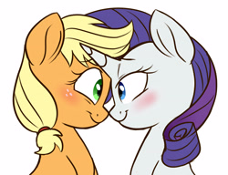 Size: 3716x2851 | Tagged: safe, artist:chub-wub, character:applejack, character:rarity, species:earth pony, species:pony, species:unicorn, ship:rarijack, blushing, cute, dawwww, female, jackabetes, lesbian, looking at each other, love, mare, raribetes, shipping, simple background, smiling