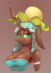 Size: 2480x3508 | Tagged: safe, artist:underpable, oc, oc only, oc:physalis, species:anthro, species:changeling, armpits, breasts, bust, changeling queen, changeling queen oc, chocolate, cleavage, clothing, dress, female, food, food pony, ice cream, mint, mint chocolate chip, original species, solo