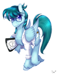 Size: 1080x1400 | Tagged: safe, artist:sintakhra, oc, oc only, oc:cloudy bits, species:pegasus, species:pony, clipboard, clothing, cloud, female, fluffy, glasses, lab coat, mare, raffle prize, request, requested art, scientist, simple background, solo, transparent background, unshorn fetlocks