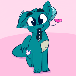 Size: 2000x2000 | Tagged: safe, artist:binkyt11, derpibooru original, oc, oc only, oc:puppy love, species:dracony, species:dragon, choker, heart, horns, hybrid, looking at you, male, mouth hold, original species, puppy dog eyes, sitting, smiling, solo, spiked choker, teenaged dragon, wings