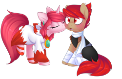 Size: 5460x3539 | Tagged: safe, artist:scarlet-spectrum, oc, oc only, oc:blitz drive, oc:diamond stellar, species:earth pony, species:pony, species:unicorn, blushing, clothing, commission, cute, drivellar, ear piercing, earring, female, final fantasy, high heels, hoodie, jewel, jewelry, kiss on the cheek, kissing, male, oc x oc, piercing, scarf, shipping, shoes, simple background, straight, surprise kiss, surprised, transparent background, white mage, ych result